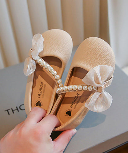 Comfy Beige Kids Leather Buckle Flats Nail Bead Girls Bow Faux