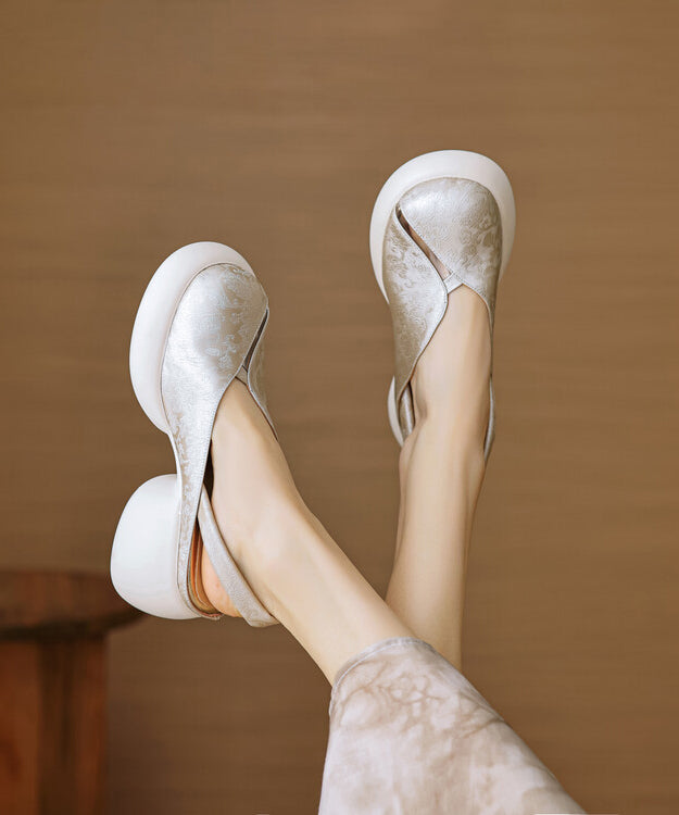 Comfy Hollow Leather Cowhide Chunky Out Splicing Green Sandals