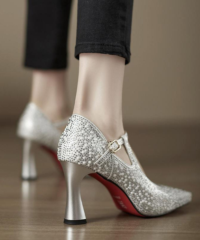 Pointed Silver Leather Toe Splicing Cowhide High Heels Comfy