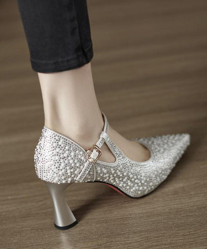 Pointed Silver Leather Toe Splicing Cowhide High Heels Comfy