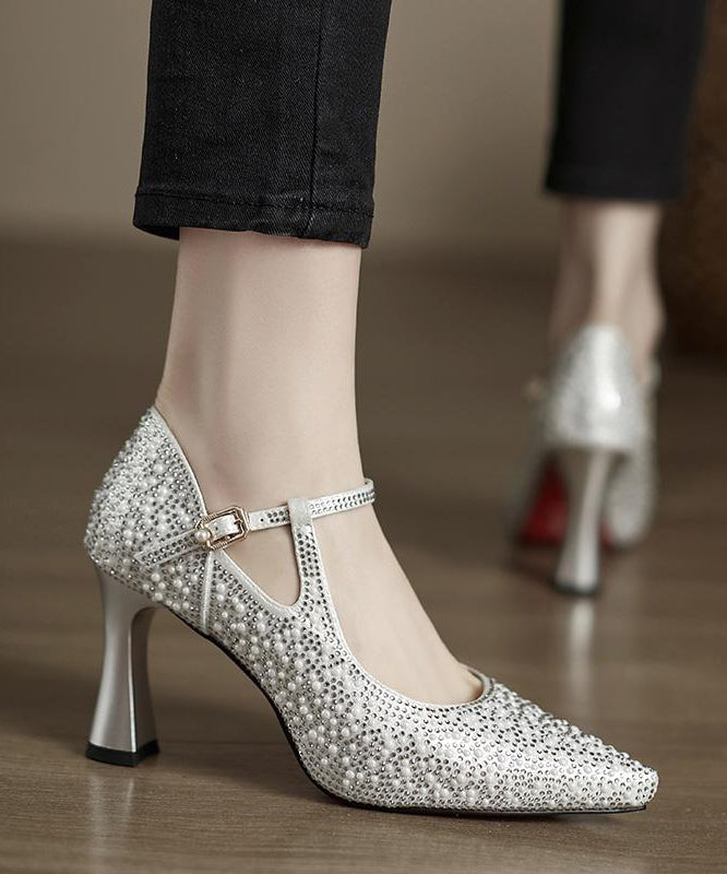 Pointed Silver Leather Toe Splicing Cowhide High Heels Comfy