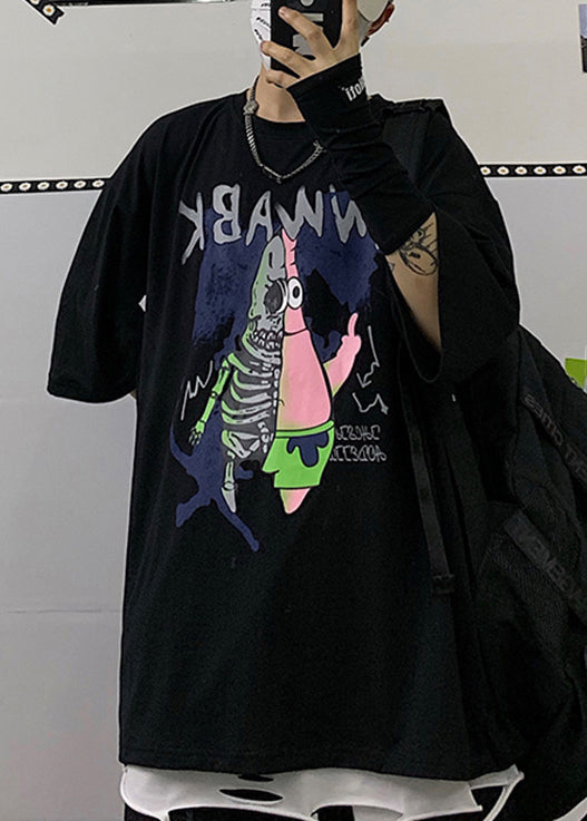 Half Cool Men Black Neck Print Cotton T Cartoon Sleeve Shirts O