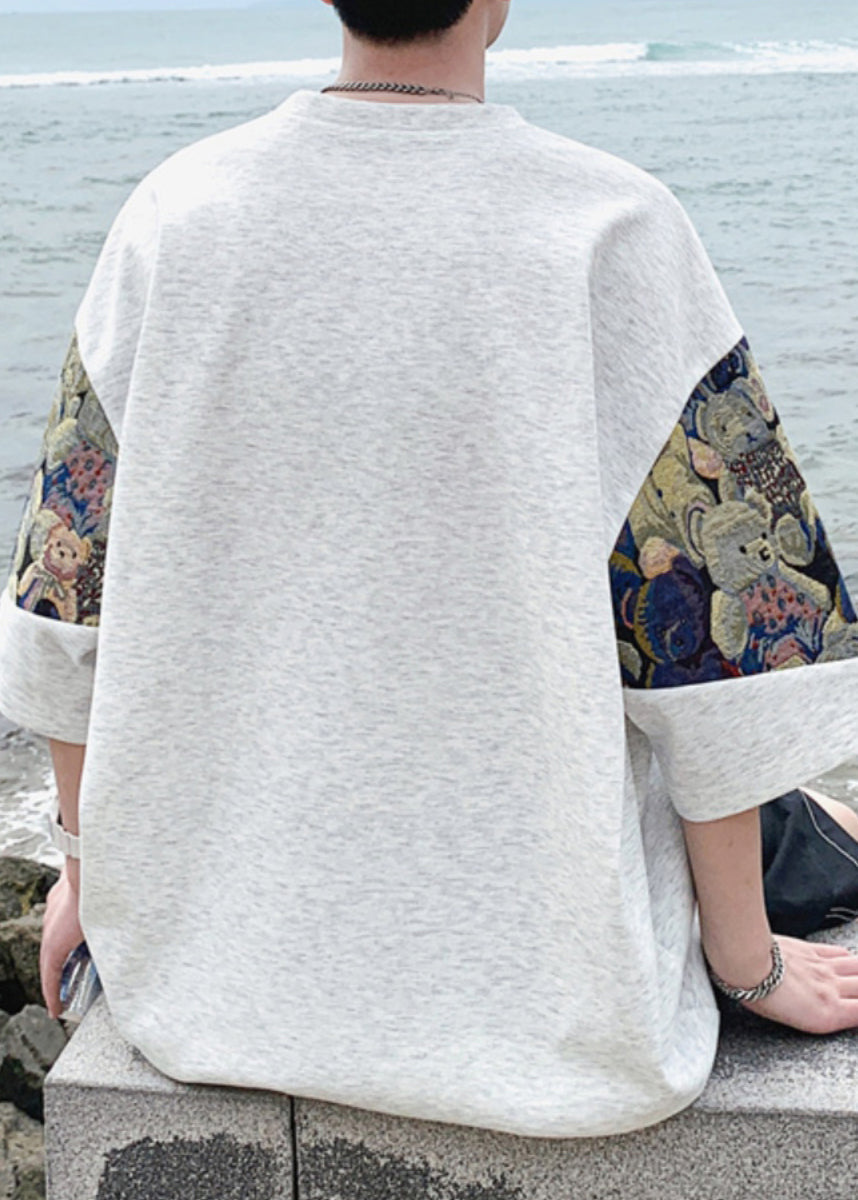 Neck O Shirts Embroideried T Cotton Black Men's Cool Summer