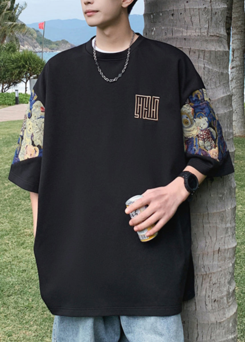 Neck O Shirts Embroideried T Cotton Black Men's Cool Summer