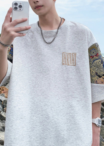 Neck O Shirts Embroideried T Cotton Black Men's Cool Summer