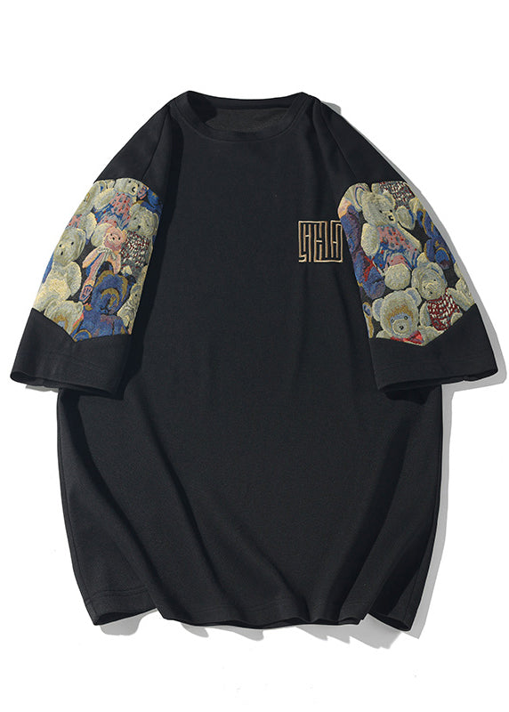 Neck O Shirts Embroideried T Cotton Black Men's Cool Summer