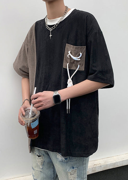 Suede O T Black Men Neck Patchwork Cool Shirts Faux Pockets Half