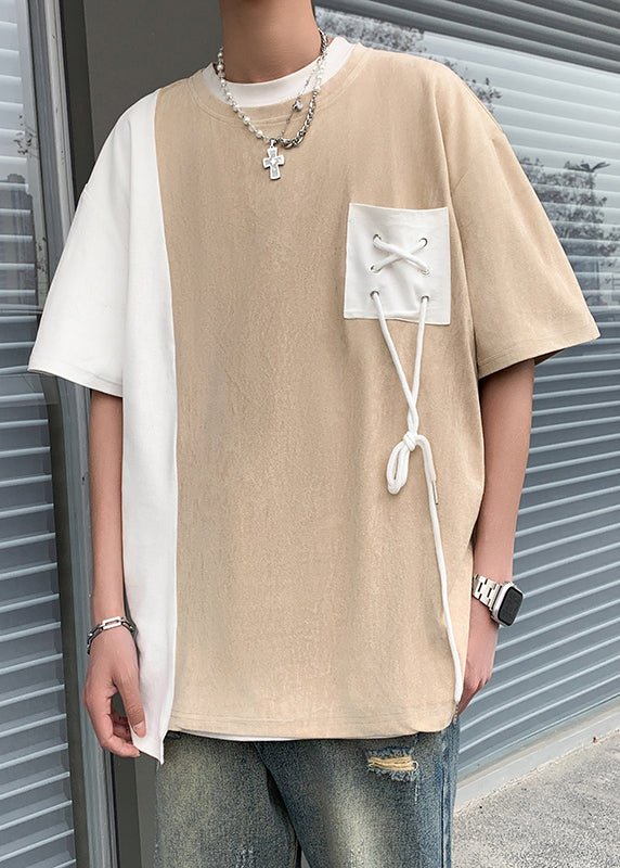 Suede O T Black Men Neck Patchwork Cool Shirts Faux Pockets Half