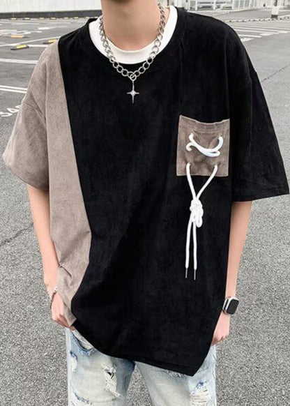 Suede O T Black Men Neck Patchwork Cool Shirts Faux Pockets Half