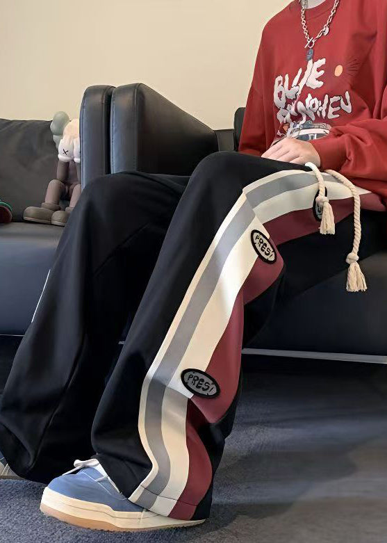 Patchwork Black Cotton Cool Drawstring Striped Spring Mens Pants