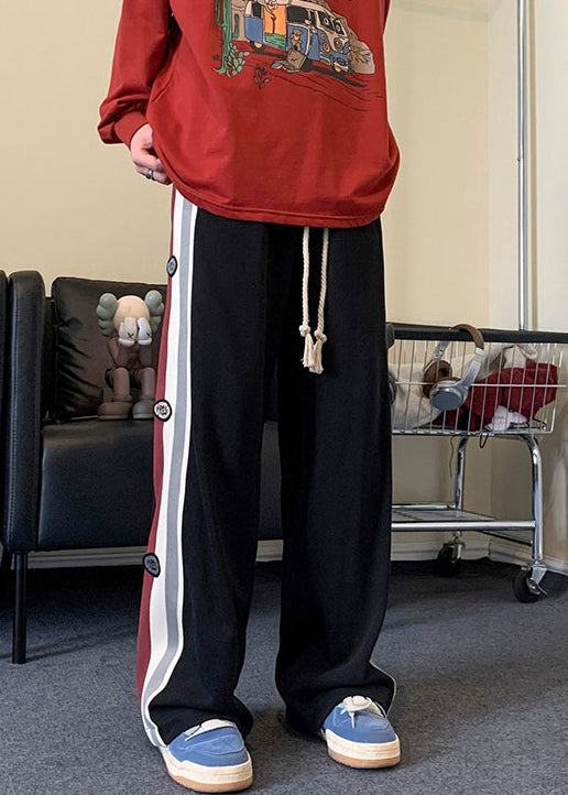 Patchwork Black Cotton Cool Drawstring Striped Spring Mens Pants