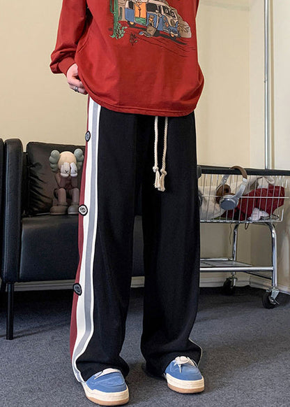 Patchwork Black Cotton Cool Drawstring Striped Spring Mens Pants