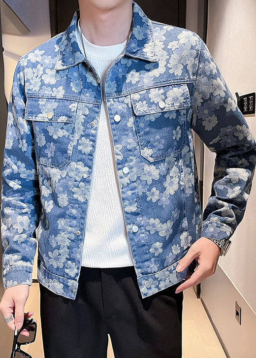 Manteau en jean bleu cool avec poches imprimées et boutons pour homme Automne WA020