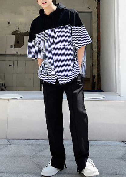Sweatshirt Patchwork Summer Hooded Men Blue Striped Cotton Cool
