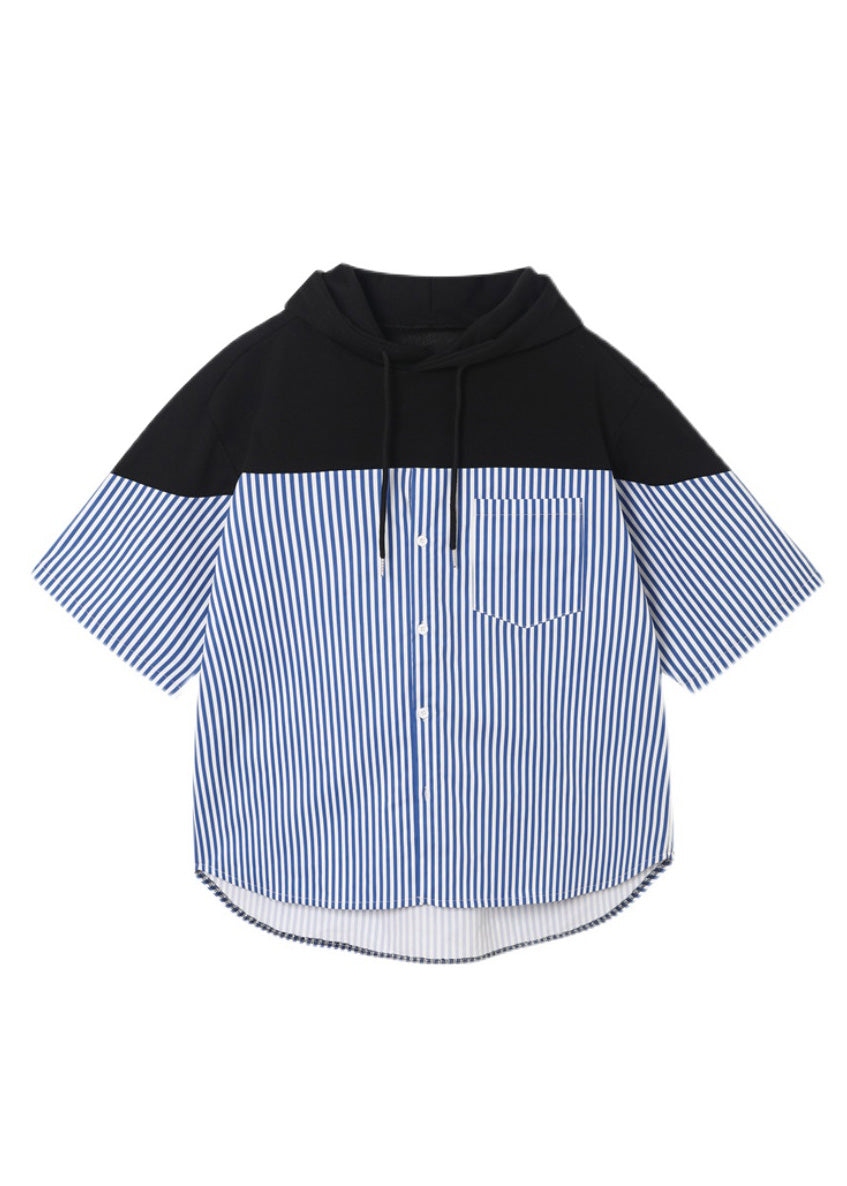 Sweatshirt Patchwork Summer Hooded Men Blue Striped Cotton Cool