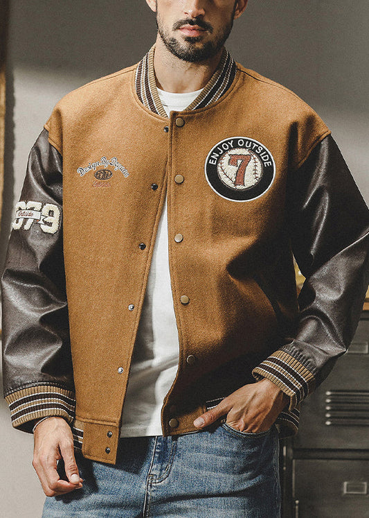 Cool Patchwork Men Woolen Parkas Brown Button TC007 Spring