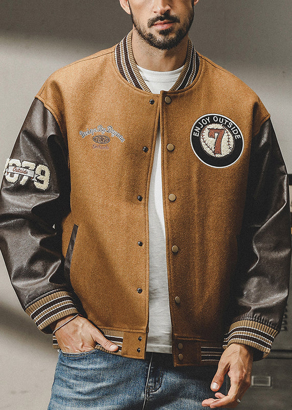 Cool Patchwork Men Woolen Parkas Brown Button TC007 Spring