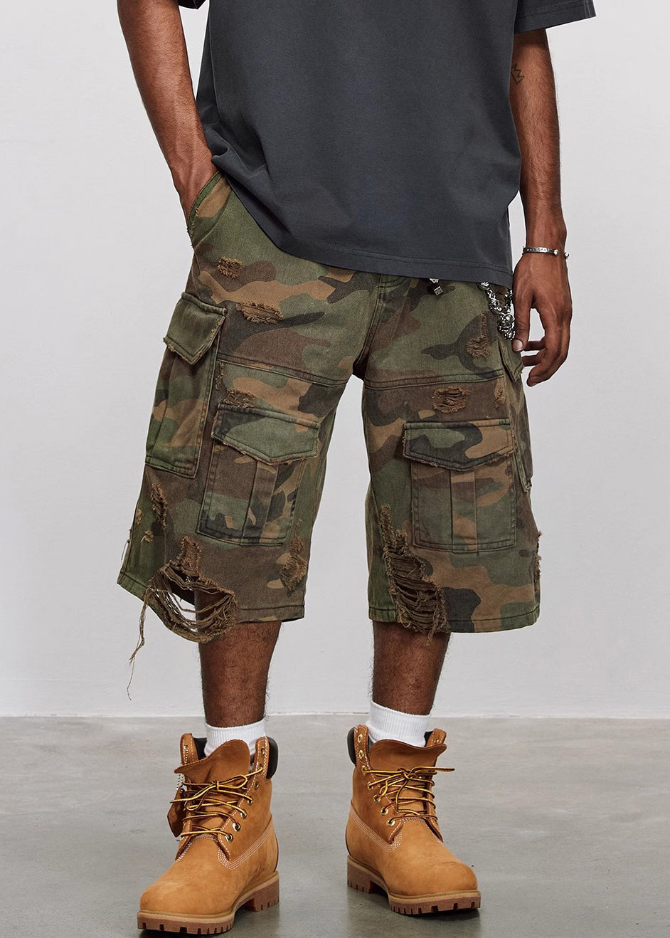 Crop Cool Cotton Pockets High Mens Waist Camouflage Pants Hole