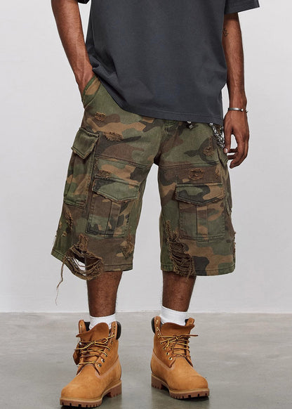 Crop Cool Cotton Pockets High Mens Waist Camouflage Pants Hole