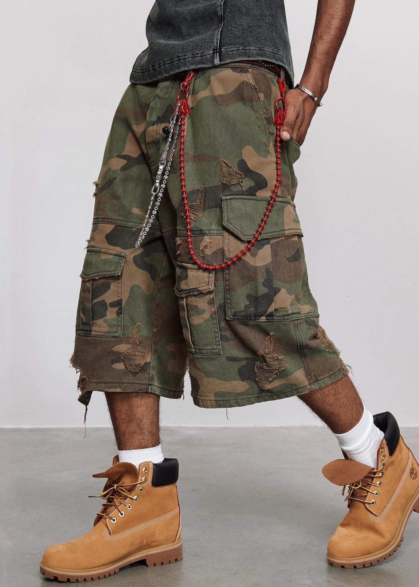 Crop Cool Cotton Pockets High Mens Waist Camouflage Pants Hole