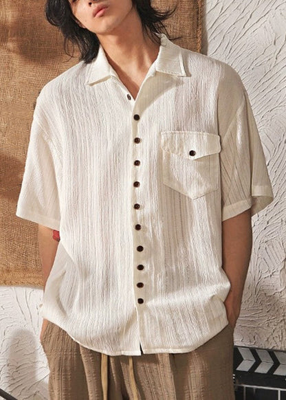 Peter Collar Coffee Men Shirt Pockets Cool Pan Button Ice Silk