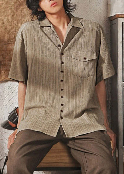 Peter Collar Coffee Men Shirt Pockets Cool Pan Button Ice Silk