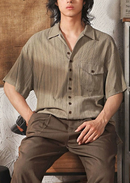 Peter Collar Coffee Men Shirt Pockets Cool Pan Button Ice Silk