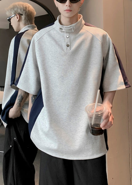 Graphic Stand Cool Summer Mens Grey Tees Collar Patchwork Cotton