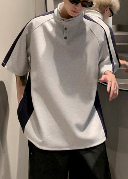 Graphic Stand Cool Summer Mens Grey Tees Collar Patchwork Cotton