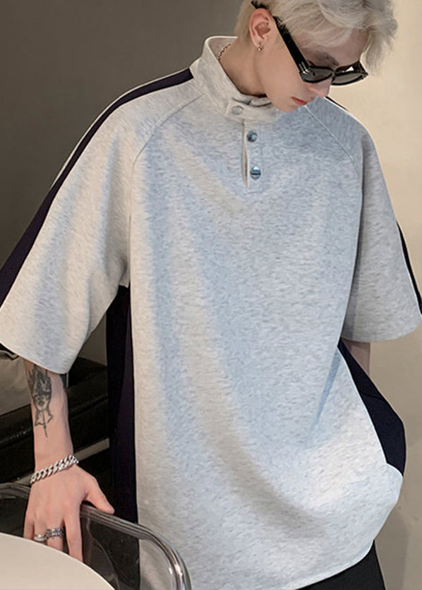 Graphic Stand Cool Summer Mens Grey Tees Collar Patchwork Cotton