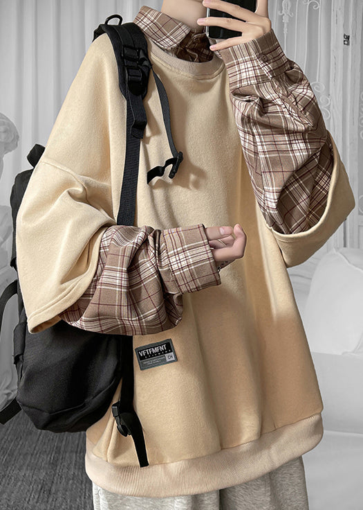 Cool Khaki Mens Collar Cotton Pan Plaid Patchwork Peter