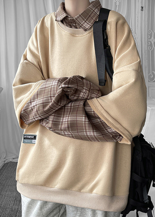 Cool Khaki Mens Collar Cotton Pan Plaid Patchwork Peter