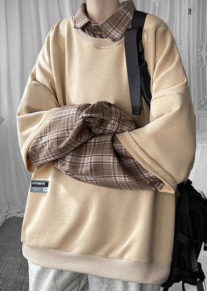 Cool Khaki Mens Collar Cotton Pan Plaid Patchwork Peter