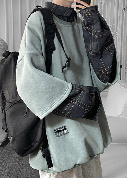 Cool Khaki Mens Collar Cotton Pan Plaid Patchwork Peter