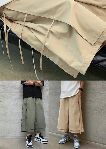 Cool Khaki Pockets Tassel Patchwork Fake Two Pieces Mens Crop Pants YT004