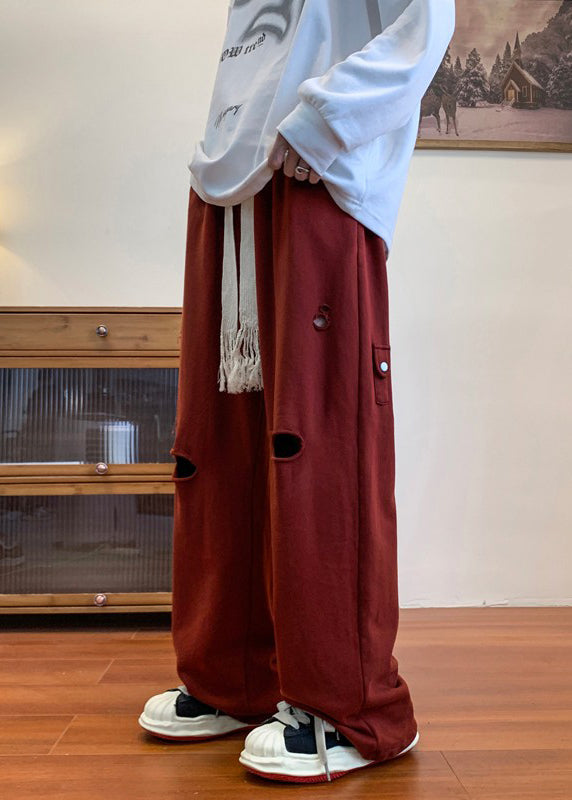 Cool Ripped Red Long Men Out Pants Hollow Spring Oversized