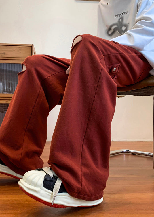 Cool Ripped Red Long Men Out Pants Hollow Spring Oversized