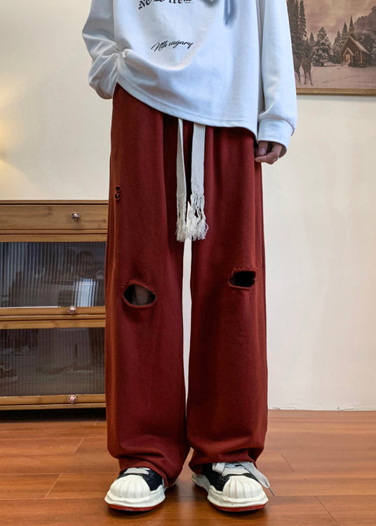 Cool Ripped Red Long Men Out Pants Hollow Spring Oversized