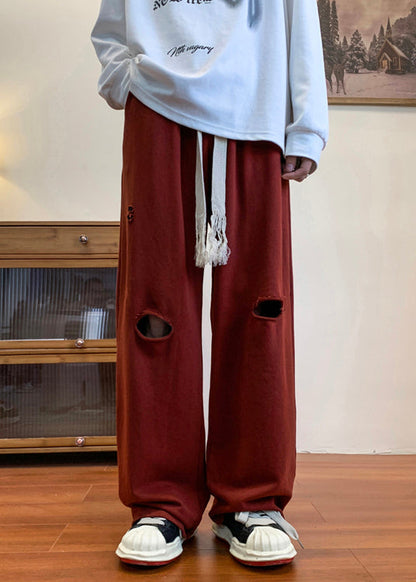 Cool Ripped Red Long Men Out Pants Hollow Spring Oversized