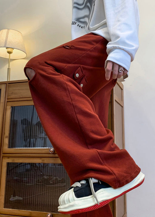 Cool Ripped Red Long Men Out Pants Hollow Spring Oversized