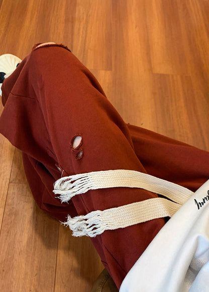 Cool Ripped Red Long Men Out Pants Hollow Spring Oversized