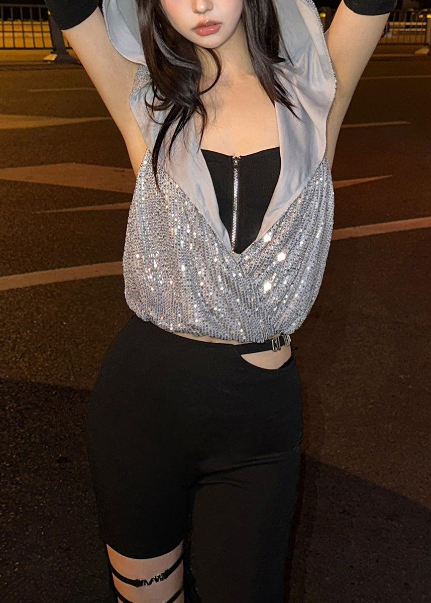 Neck Two-Piece Hooded Zipper Cool Sequin Hanging Set T-Shirt