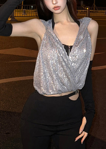 Neck Two-Piece Hooded Zipper Cool Sequin Hanging Set T-Shirt