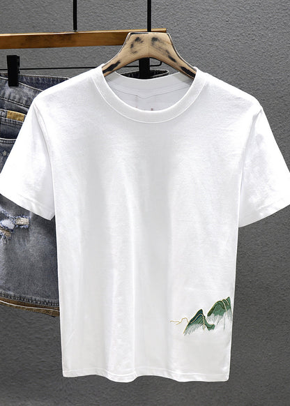 Neck Shirts T White Cotton Cool O Summer Embroideried Men