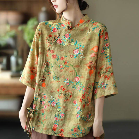 Cotton Linen Women Casual Floral Irregular Vintage Shirt OP1015