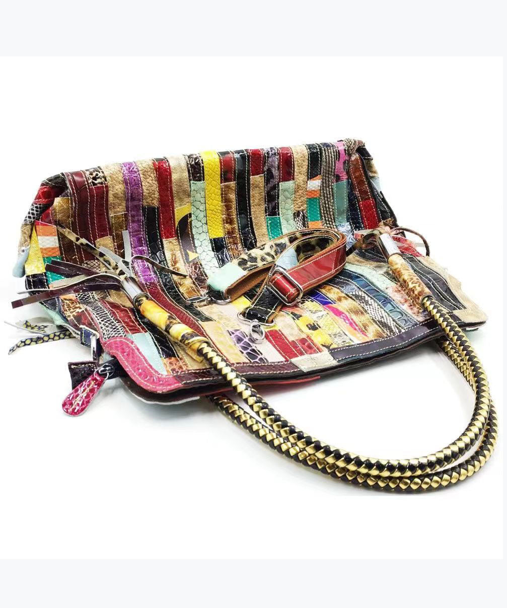 Cowhide Snake Striped Patchwork Durable Tote Handbag GG086