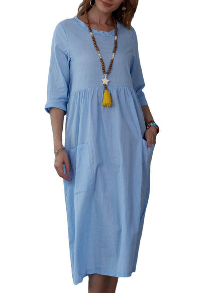 Robe en coton bleu confortable avec poches à volants et manches mi-longues FF057