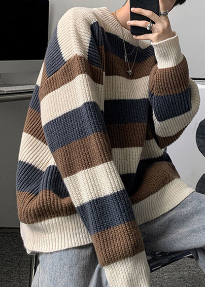 Cozy Green O Neck Striped Knit Sweater Men Fall QH028