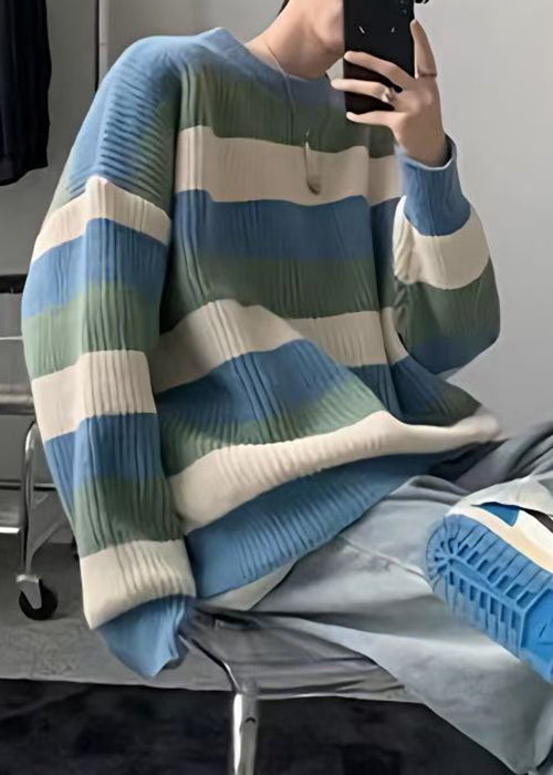 Cozy Green O Neck Striped Knit Sweater Men Fall QH028