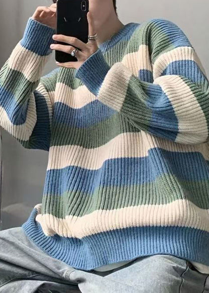 Cozy Green O Neck Striped Knit Sweater Men Fall QH028